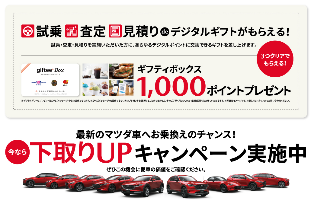 試乗、査定、見積でギフティーボックス 1,000ポイントプレゼント　下取りUPキャンペーン実施中
