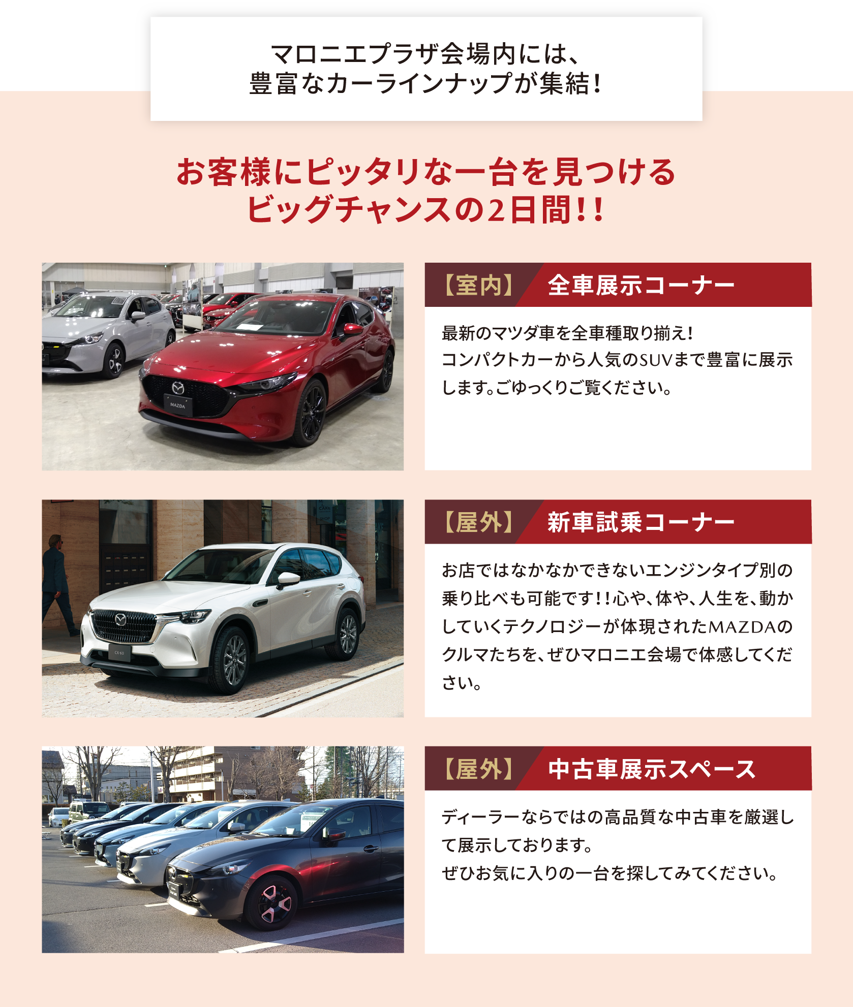 【室内 全車展示コーナー】【屋外 新車試乗コーナー】【屋外 中古車展示スペース】